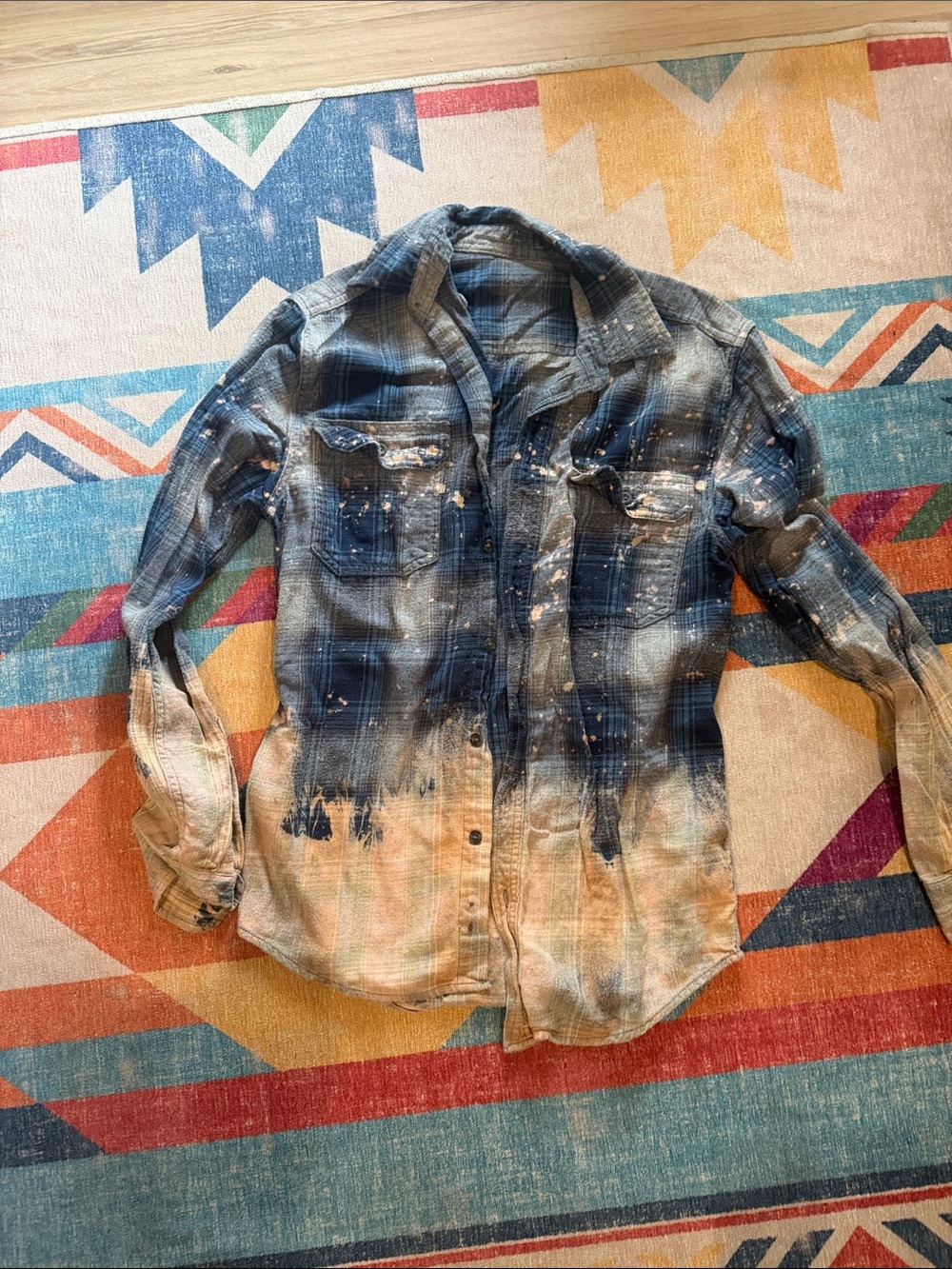 Women’s Blue Plaid Button-Up Shirt with Washed bleach Effect